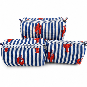 Ensemble de 3 trousses de maquillage matelassées en coton à rayures bleues et imprimé homard, sacs cosmétiques pour femmes, organiseur de toilette de voyage, cadeau - Product Image 5