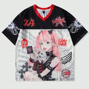 เสื้อฟุตบอลอเมริกันแบบมีโลโก้สั่งทำพิเศษ ตกแต่งด้วยผ้าลูกไม้ ตัดเย็บแบบแพทช์เวิร์ค ทรงโอเวอร์ไซส์สำหรับผู้หญิง สีชมพู ผ้าตาข่าย สไตล์โคเควตต์ สตรีทแวร์ - Product Image 5
