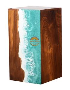 Urne funéraire en résine et bois naturel inspirée de l'océan, faite à la main, motif vague bleue, par AYAANS - Product Image 2