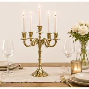 Candelabro de metal dorado de lujo de 5 brazos, centro de mesa para bodas, portavelas de latón ornamentado para decoración de mesa, precio al por mayor - Product Image 2