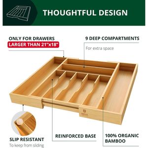 Organisateur de tiroir de cuisine en bambou de luxe à 9 compartiments, porte-couverts et ustensiles avec plateau à couverts, séparateurs de tiroir à couverts élégants - Product Image 3