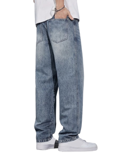 Mens Regular Fit Straight Leg Medium Blue <b>Jeans</b> Casual Washed Denim Pants Classic Vintage Streetwear Trousers <b>Soft</b> 100% Cotton - Product Image 5