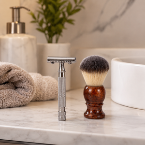 Pinceau à raser avec manche en bois et rasoir à double lame en acier inoxydable, ensemble de rasage manuel pour le visage pour hommes - Product Image 5