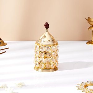 Lampe à huile en métal Crystal Diya, porte-bougie décoratif en cristal pour la décoration de la maison, du temple Pooja, du festival Diwali, des mariages, vente en gros - Product Image 1