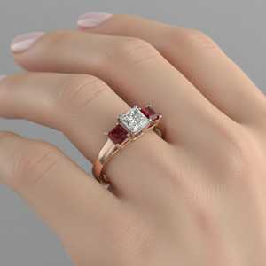 Anillo de Compromiso con Tres Piedras de Diamante Corte Princesa Creado en Laboratorio, con Rubí Lateral, Estilo Vintage, Chapado en Oro Rosa, Certificado OEM - Product Image 4