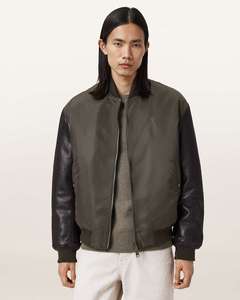 Blouson bomber vert foncé pour homme avec manches en cuir, fermeture éclair, col montant, vêtement décontracté pour l'automne - Product Image 6