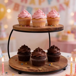 Support à gâteau rond à 2 niveaux en bois avec cadre métallique, présentoir à desserts et cupcakes pour boulangerie et fêtes - Product Image 4