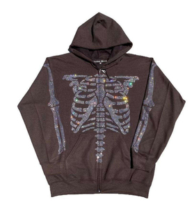 Custom Rhinestone Hoodies Bling Rhinestone Hoodie Design <b>Skeleton</b> Skull <b>Full</b> Zip up Hoodie Wholesale Custom Hoodie - Product Image 2