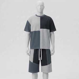 Unisex Men Patchwork Tracksuit Set Summer Casual Two Piece Outfit T <b>Shirt</b> And Shorts <b>Geometric</b> Panel Design Streetwear Loose Fit - Product Image 4