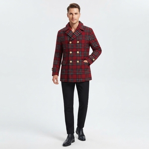 Best Selling 2026 Red Tartan Wool Blend Coats Double Breasted Blazer Customized Design <b>Peacoats</b> - Product Image 2