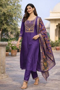 Meilleure collection de kurtis pour femmes en violet, ensemble en coton et soie à manches 3/4, entièrement cousu pour les occasions régulières et festives - Product Image 3