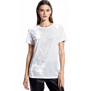 Women's <b>White</b> Velvet Crew Neck T-Shirt Summer Lightweight Velour <b>Tee</b> Shirt Ladies Short Sleeve Velvet TShirt Women - Product Image 4