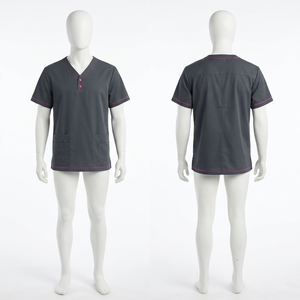 เสื้อสครับแพทย์ผ้าคอตตอนผสมโพลีเอสเตอร์สีเขียวอมฟ้า 180 GSM แบบมีแถบข้าง ปักลายพิมพ์โลโก้ตามสั่ง - Product Image 3