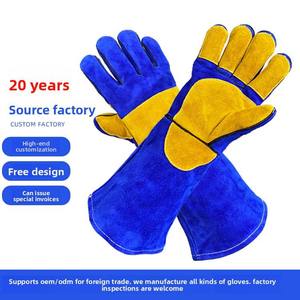Blue Yellow Leather Welding <b>Gloves</b> With Fleece Lining Stick Welding Type A Splash Resistant <b>Long</b> Cuff - Product Image 5