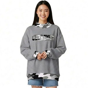 <b>Women</b> <b>White</b> Drop Shoulder <b>Sweatshirt</b> Stand Mockneck Collar BUTTER Letter Print Camo Trim Long Sleeve Casual Pullover - Product Image 3