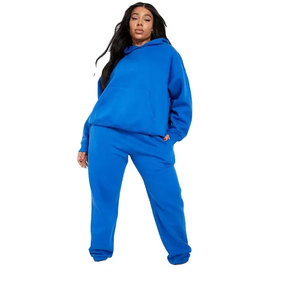 <b>Women's</b> <b>Blue</b> Hooded <b>Fleece</b> Tracksuit Set Casual Long Sleeve Joggers Full Length Loose Fit Solid Color Everyday Wear - Product Image 1