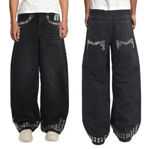 Jean droit noir pour homme, coupe ample, avec rivets décoratifs, style hip-hop, en denim de coton mi-lourd, idéal pour le printemps - Product Image 5