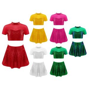 Ensemble de danse latine Cha Cha pour filles de 4 à 14 ans, hauts courts et jupe pour la danse moderne, la rumba, le patinage, la scène, la compétition - Product Image 1