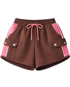 Ensemble décontracté deux pièces pour femme, rose et marron contrastant, avec sweat à capuche court et short, design à poches, en molleton de coton, vente en gros fabricant - Product Image 2