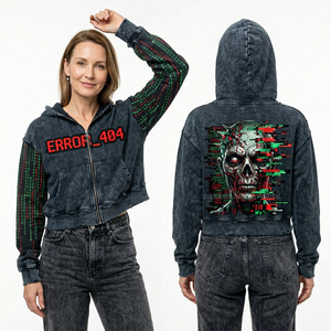 Sweat-shirt court noir personnalisé à fermeture éclair pour femme, motif graphique zombie « Error 404 Glitch » et code matriciel imprimé sur les manches, effet délavé vintage - Product Image 1