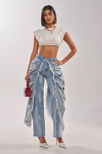 Splendid Apparel Jean en denim de coton vintage taille haute asymétrique froncé style bohème color block écologique coupe ample pour femme - Product Image 2