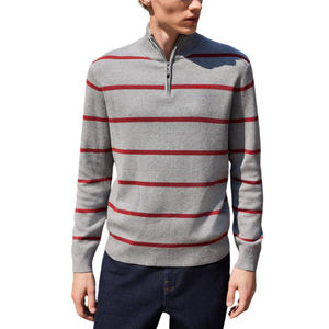 Pull en maille rayé gris et rouge en mélange de coton pour homme, col montant, manches longues, fermeture éclair quart de tour, décontracté, pour l'hiver et le quotidien - Product Image 1