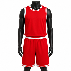 Ensemble de maillot de basket-ball unisexe personnalisé, débardeur rouge sans manches, short à taille élastique, sublimé, 100% polyester respirant, devant imprimé - Product Image 1