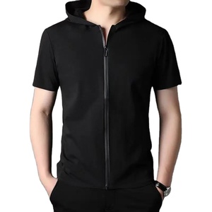 2024 Summer New Trendy Men's <b>Short</b> <b>Sleeve</b> Hooded <b>Cardigan</b> Coat Casual Loose Fit Breathable 100% Cotton Solid Color Zipper - Product Image 1