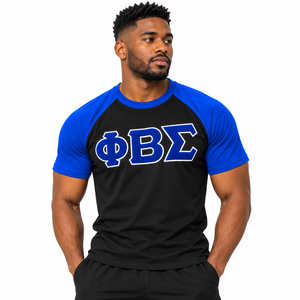 Camiseta Raglán Negra y Azul Rey de Phi Beta Sigma con Letras Griegas Bordadas, Manga Corta, Cuello Redondo, Ropa de Fraternidad para Uso Casual - Product Image 1