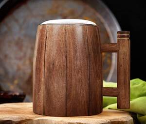 Chope à bière en bois faite à la main avec insert en acier inoxydable, design classique, poignée ergonomique, compatible lave-vaisselle, motif uni, coffret cadeau, pour fêtes et maison - Product Image 6