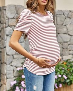 T-shirt de maternité 100 % coton à rayures, design tendance, nouveau modèle, chemises pour femmes enceintes, manches courtes - Product Image 5