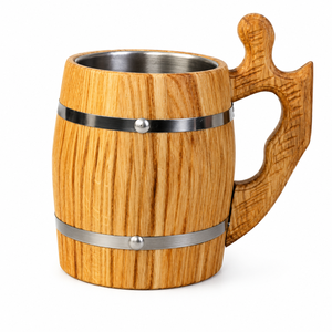 Jarra de Cerveza de Madera Hecha a Mano al por Mayor con Revestimiento de Acero Inoxidable, Logotipo Personalizado, Vaso Ecológico Tipo Barril de Madera - Product Image 1