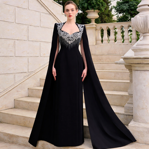 Robe maxi élégante à manches cape |   Robe de soirée longue de luxe |   Robe de invitée de mariage modeste avec cape fluide - Product Image 1