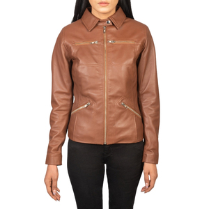 Chaqueta de Motociclista de Cuero Genuino Marrón para Mujer, con Cierre de Cremallera y Botones, Estilo Moto Biker - Product Image 4