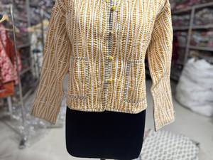 Yellow Striped Mandarin Collar Blazer Women's Full Sleeve Cotton Printed Single <b>Button</b> Closure Spring Regular Length GIFT - Product Image 3