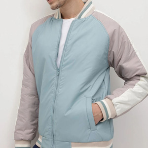 Men's <b>Light</b> Blue Varsity <b>Jacket</b> Color Blocking Zipper Closure Casual Autumn Wear Regular Fit Polyester Material - Product Image 3