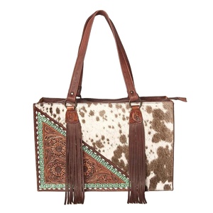 Genuine Leather Sunflower Hand Tooled Design Hair on Cowhide Shoulder Bag Western Style Cowgirl Bag Women <b>Tote</b> Bag Supplier - Product Image 1