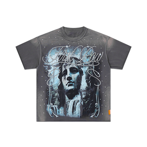 Streetwear Rhinestone Graphic Tee Oversized Heavy Cotton <b>Y2K</b> Hip Hop Fashion Washed Unisex Plus Size T <b>Shirt</b> Printed Front Silk - Product Image 1