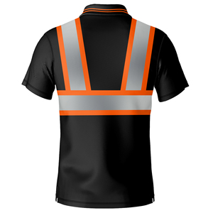 Men's Reflective Safety <b>Polo</b> Shirt Short Sleeve Black with <b>Orange</b> Silver Stripe Plus Size Casual Workwear - Product Image 3