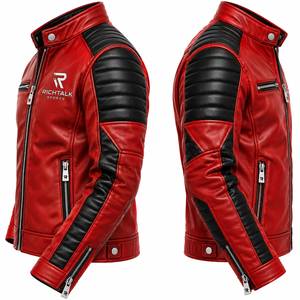Blouson de moto pour homme en cuir véritable rouge respirant, col montant, fermeture éclair frontale, coupe-vent, style streetwear, idéal pour le printemps - Product Image 3