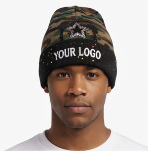 Gorro de Camuflaje Personalizado con Bordado y Logotipo de Estrella con Pedrería, Gorro de Punto Acanalado de Camuflaje Unisex para Invierno - Product Image 1