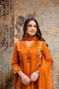 Conjunto de Kurti Tradicional de Algodón Naranja para Mujer, Corte Holgado, Largo hasta la Rodilla, con Pantalón y Dupatta, de Secado Rápido, para Diwali, India y Pakistán - Product Image 4