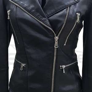 Veste en cuir noire asymétrique pour femme, style motard, avec multiples fermetures éclair argentées, personnalisable, vente en gros - Product Image 6