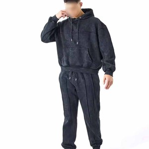 High Quality Winter Solid Cotton Oversized Distressed Embroidery Long Unisex Acid Wash Tracksuit Available For Online Sale - Product Image 1