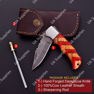 Couteau de poche pliant artisanal en acier Damas, lame Drop Point, manche en bois d'olivier, longueur totale 7,5 pouces, qualité industrielle - Product Image 6