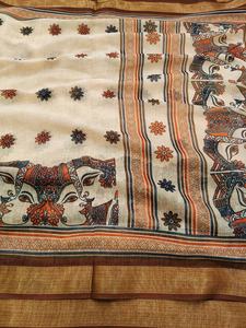 Hermoso Sari Tradicional con Estampado de Arte Mithila, Mezcla de Lino de Primera Calidad, Borde Dorado Zari 3*3, para Fiestas - Product Image 5