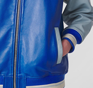 Custom Size Winter Canvas Varsity Jacket Covered Button Customized Leather-Style Body Blue Grey Sleeves Nonwoven Weaving - Product Image 4