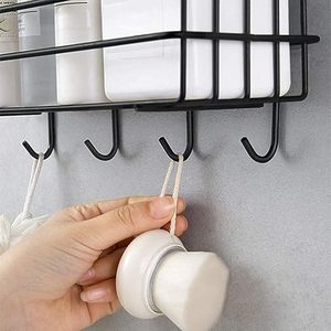 Étagère de rangement murale en métal pour salle de bain avec crochets, double niveau, support auto-adhésif pour articles de toilette, design minimaliste - Product Image 2