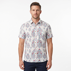 Men's <b>Short</b> <b>Sleeve</b> Printed Paisley Pattern Organic Cotton Woven Beach Shirt Turn-down Collar Summer Breathable - Product Image 1
