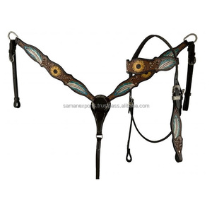 <b>Top</b> Trendy Genuine Leather Western Headstall & Breast Collar Set With <b>Feather</b> & Sunflower Design Supplier Saman Exports - Product Image 3